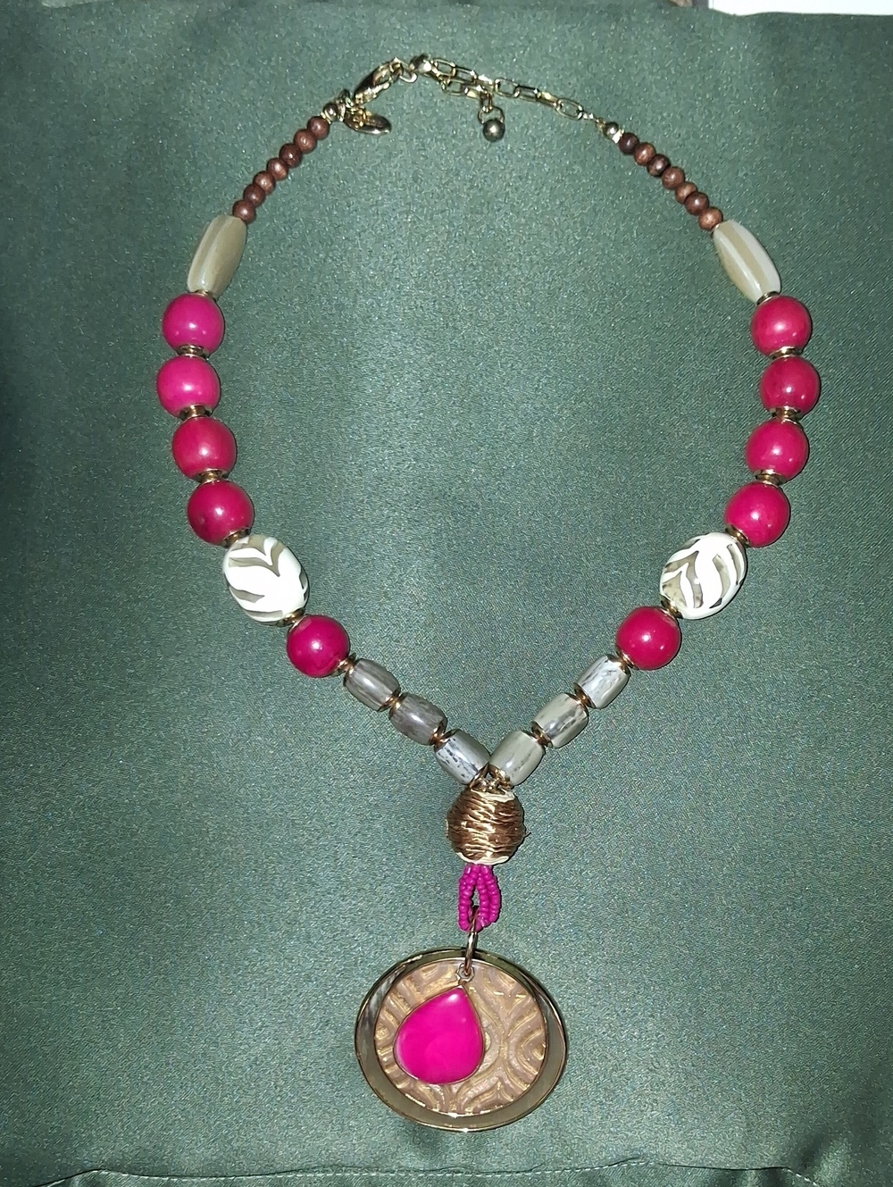Chico's Fuchsia Bead Pendant Necklace with Mixed Accents